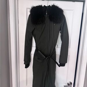 Vintage Prada Dark Green/Black Removable Fur-Trimmed Collar One Piece Ski Suit